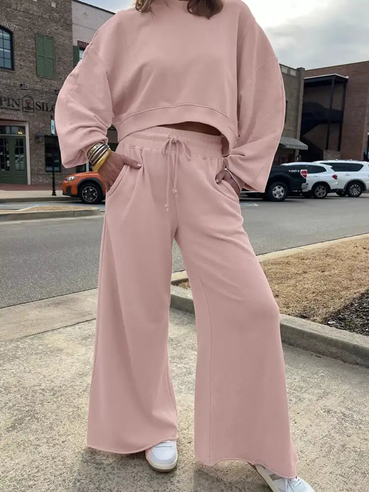 Drop Shoulder Puff Sleeve Crop Top and Drawstring Wide Leg Pants Set