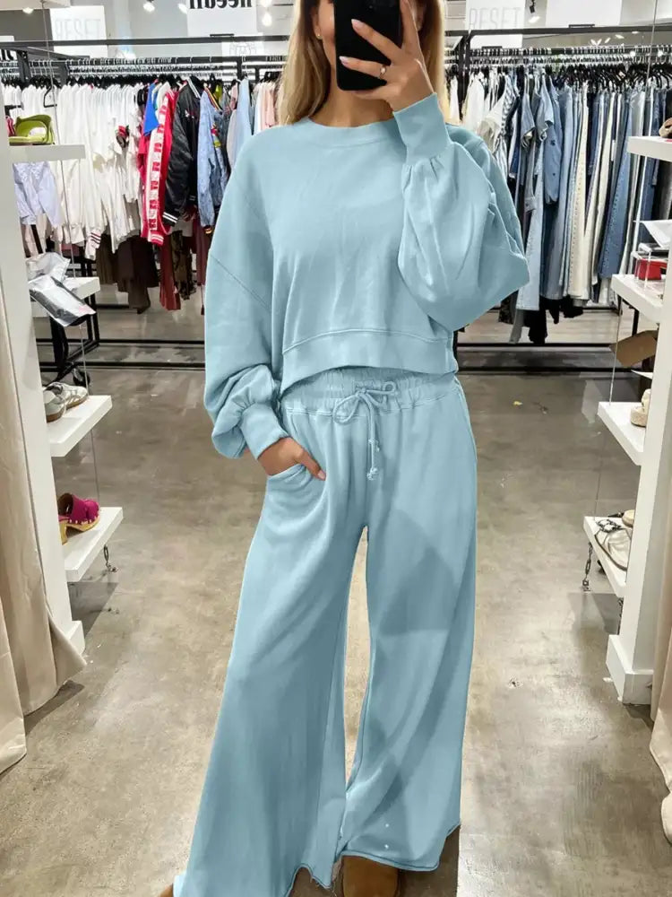 Drop Shoulder Puff Sleeve Crop Top and Drawstring Wide Leg Pants Set