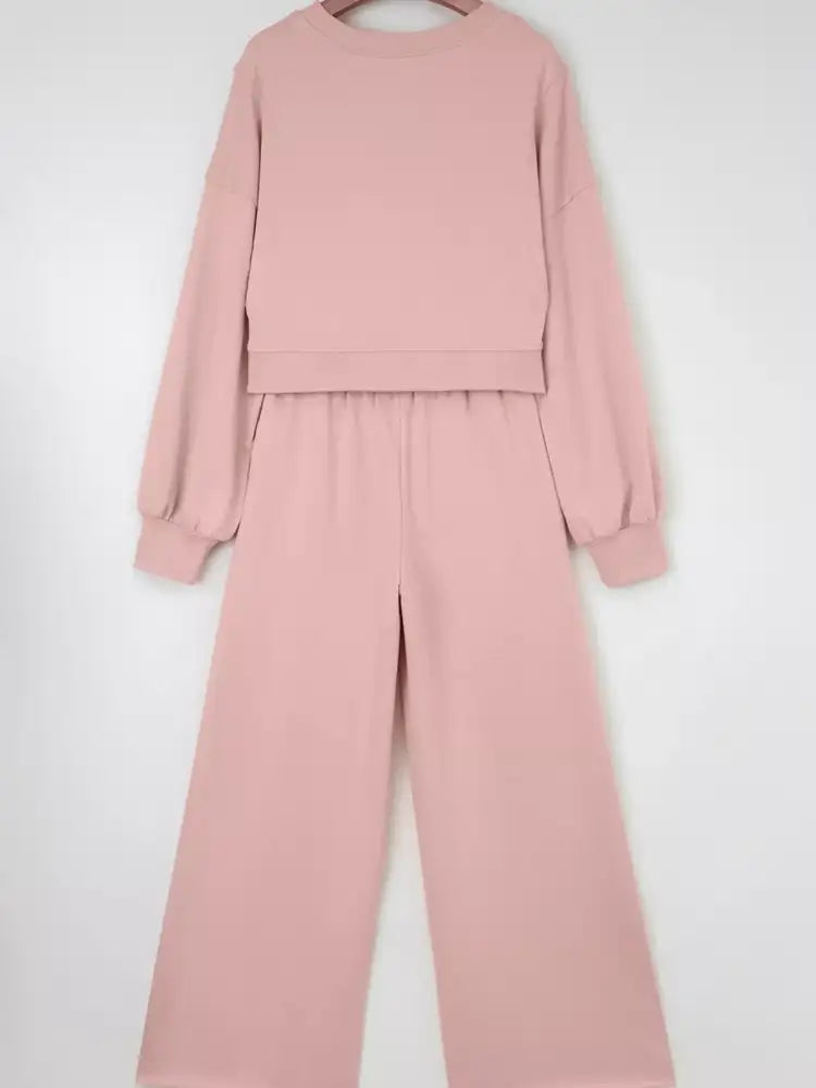 Drop Shoulder Puff Sleeve Crop Top and Drawstring Wide Leg Pants Set