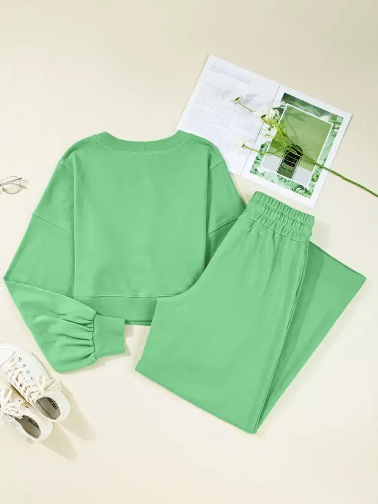 Drop Shoulder Puff Sleeve Crop Top and Drawstring Wide Leg Pants Set