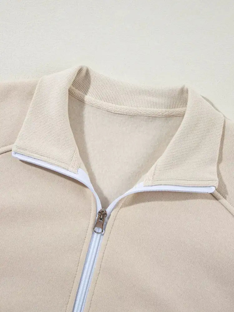 Drop Shoulder Zip Up Jacket and Drawstring Pants Active 2pcs Set