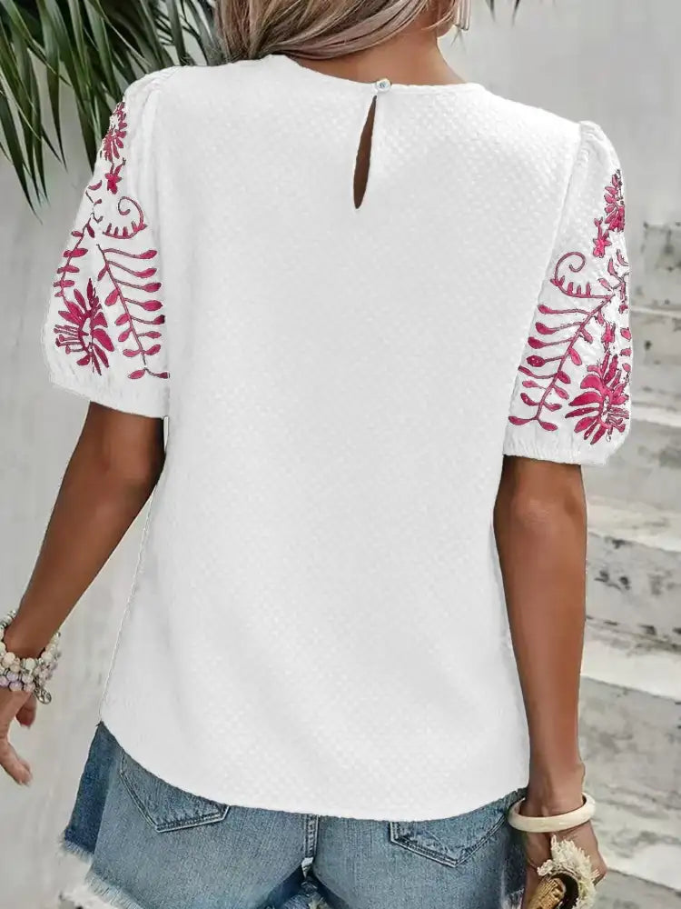 Embroidered Floral Sleeve Textured Blouse