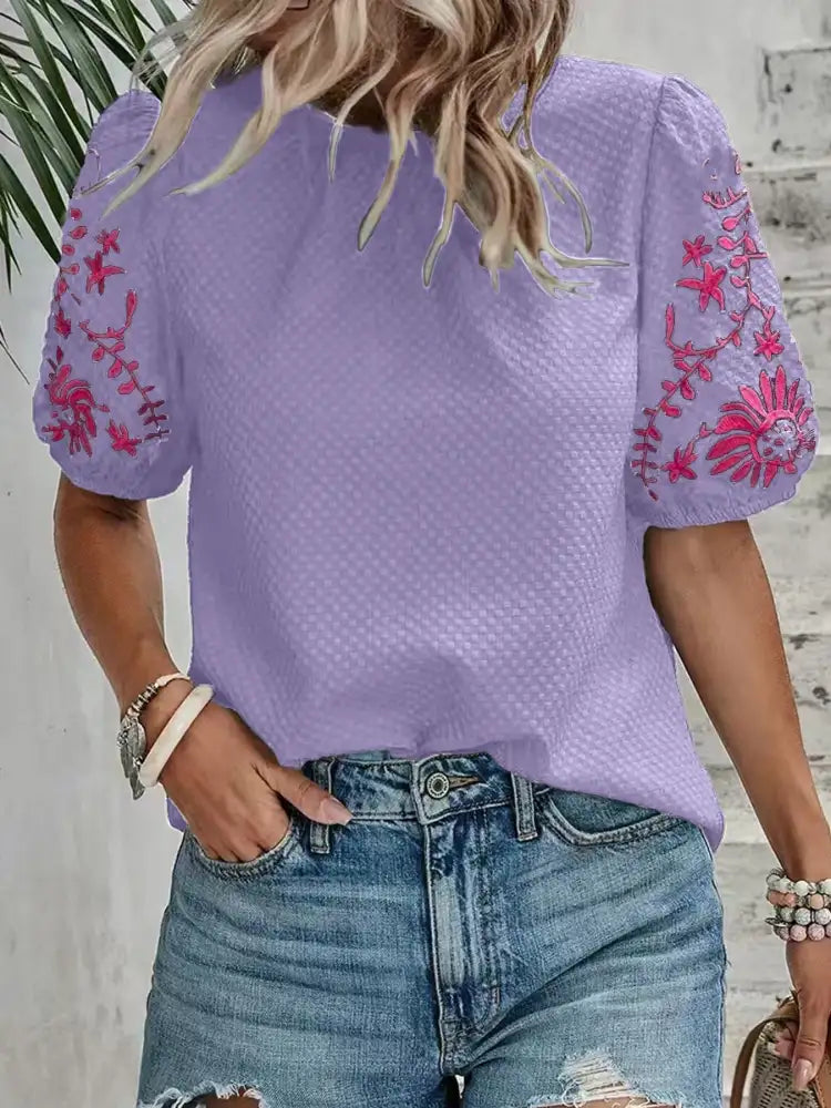 Embroidered Floral Sleeve Textured Blouse