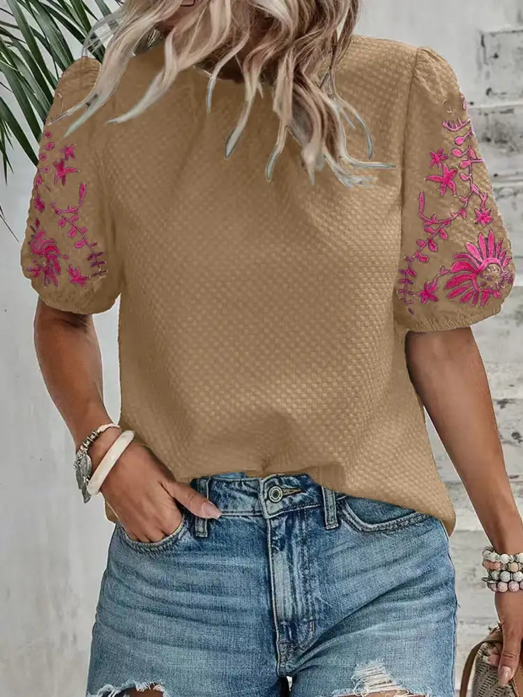 Embroidered Floral Sleeve Textured Blouse