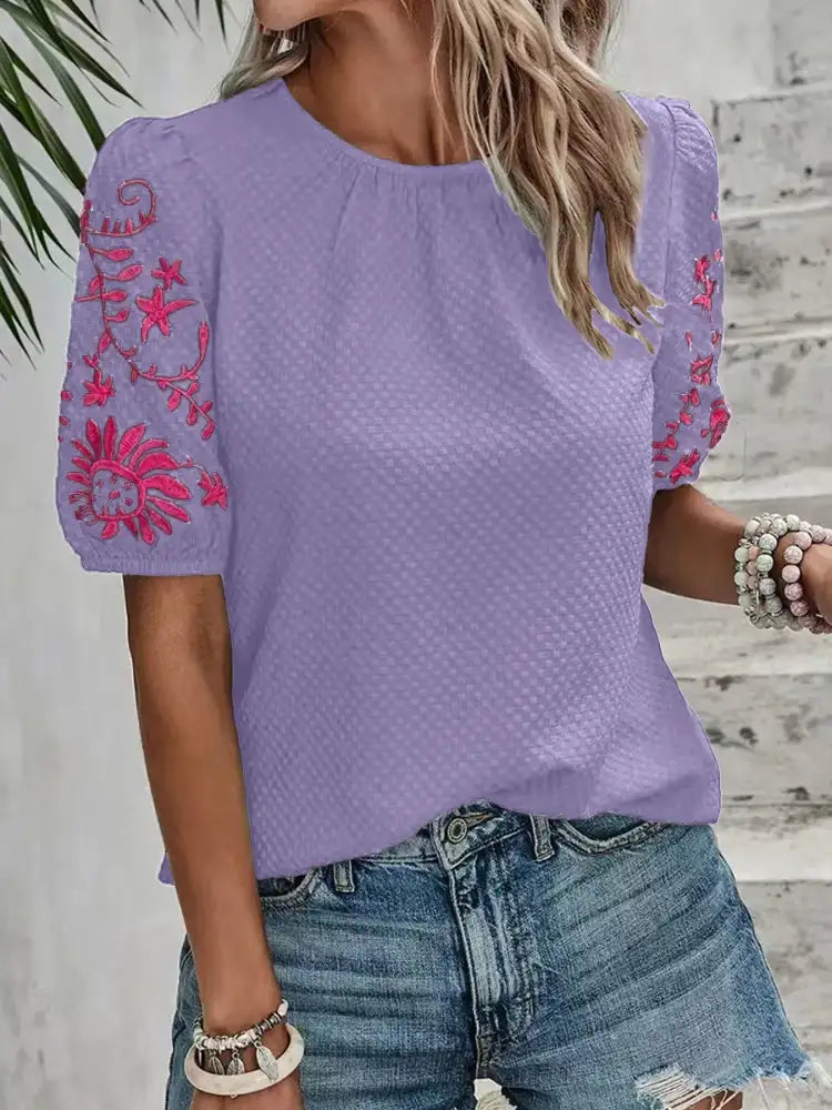 Embroidered Floral Sleeve Textured Blouse