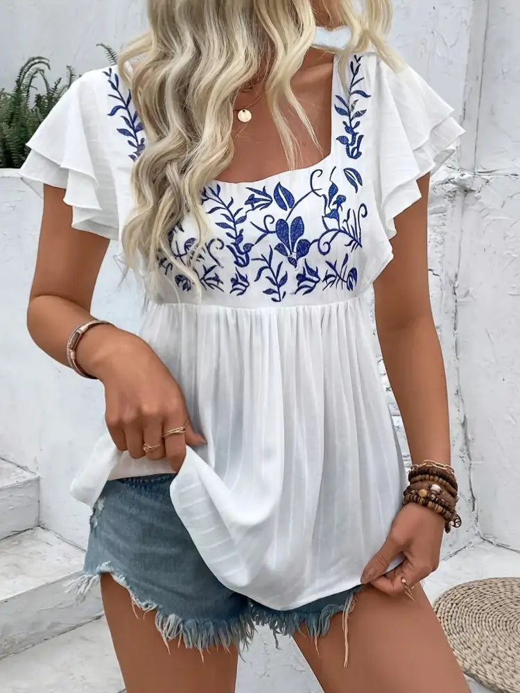 Embroidered Flutter Sleeve Blouse