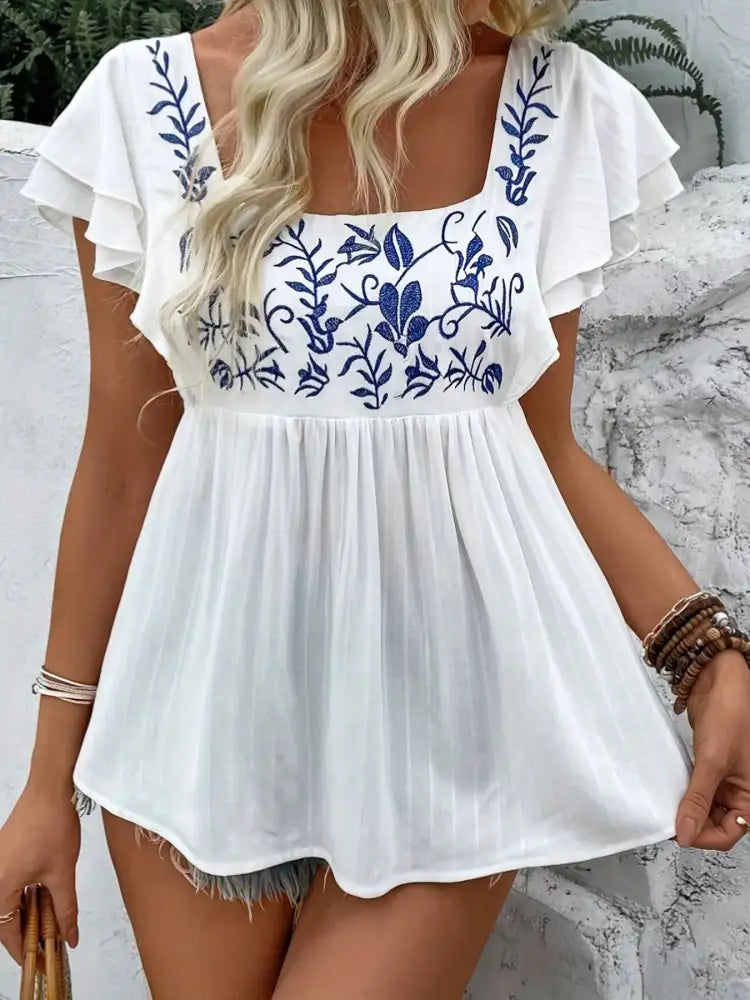 Embroidered Flutter Sleeve Blouse