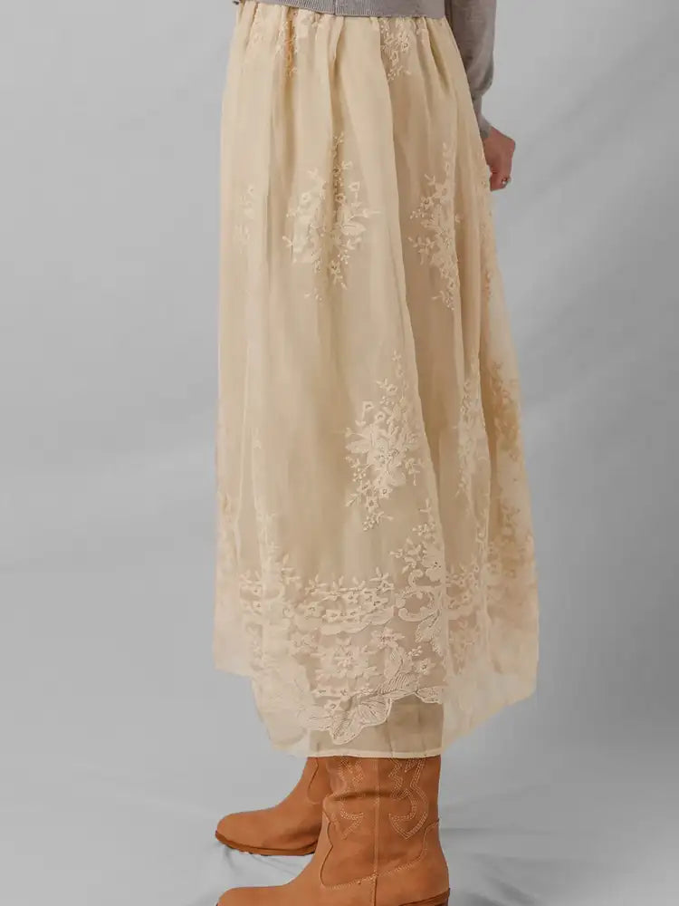Embroidered Mesh Overlay Flowy Midi Skirt