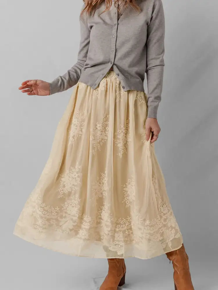Embroidered Mesh Overlay Flowy Midi Skirt