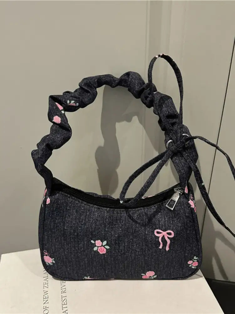 Embroidered Ruched Strap Shoulder Bag