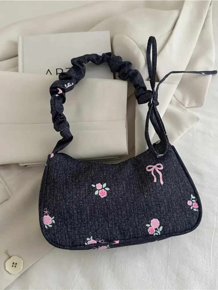 Embroidered Ruched Strap Shoulder Bag