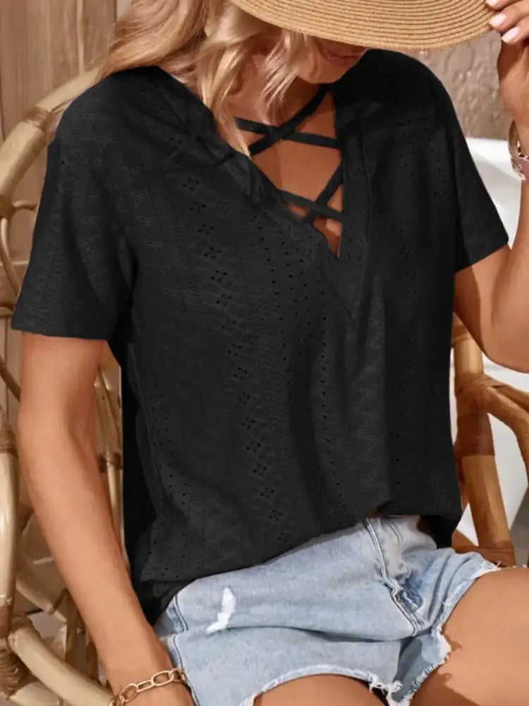 Eyelet Crisscross Short Sleeve T-Shirt