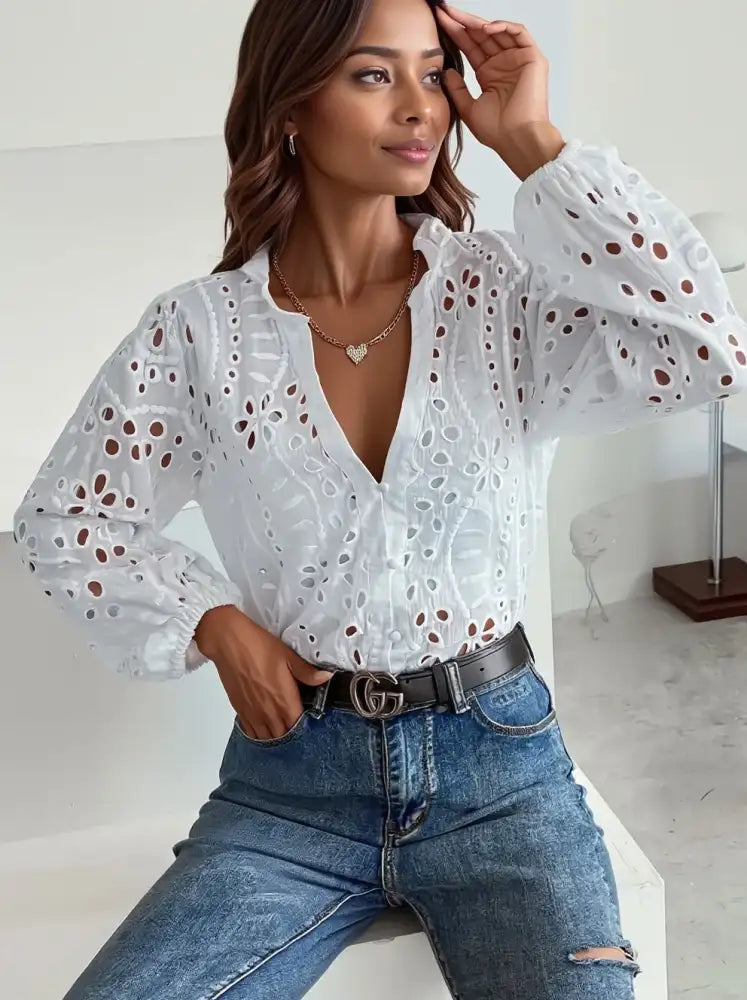 Eyelet Embroidered Button Front Shirt with Puffed Sleeves