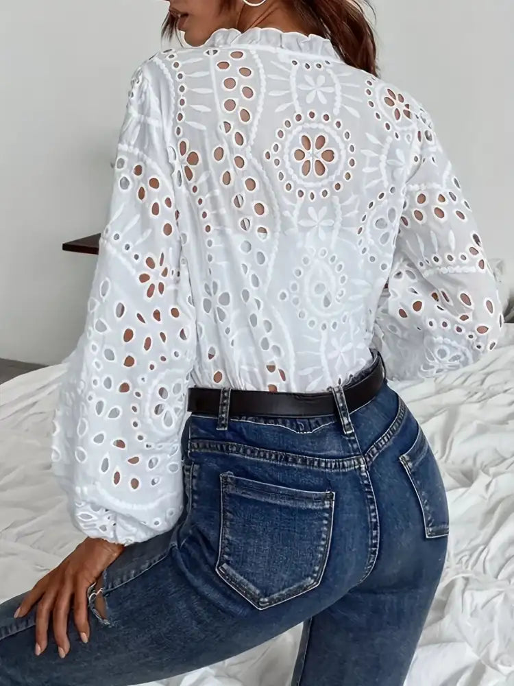 Eyelet Embroidered Button Front Shirt with Puffed Sleeves