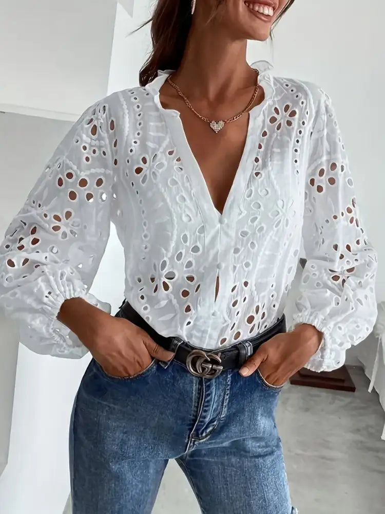 Eyelet Embroidered Button Front Shirt with Puffed Sleeves