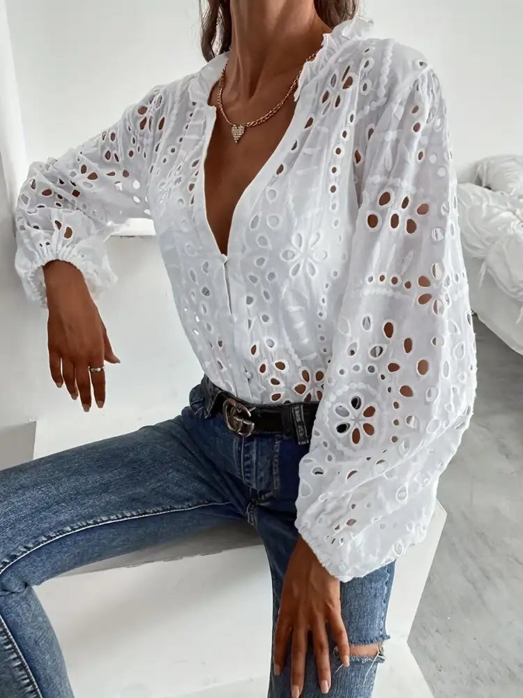 Eyelet Embroidered Button Front Shirt with Puffed Sleeves
