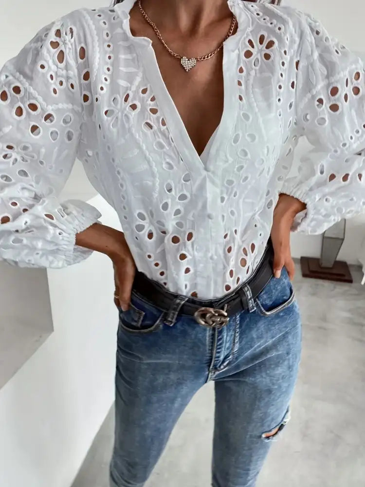 Eyelet Embroidered Button Front Shirt with Puffed Sleeves