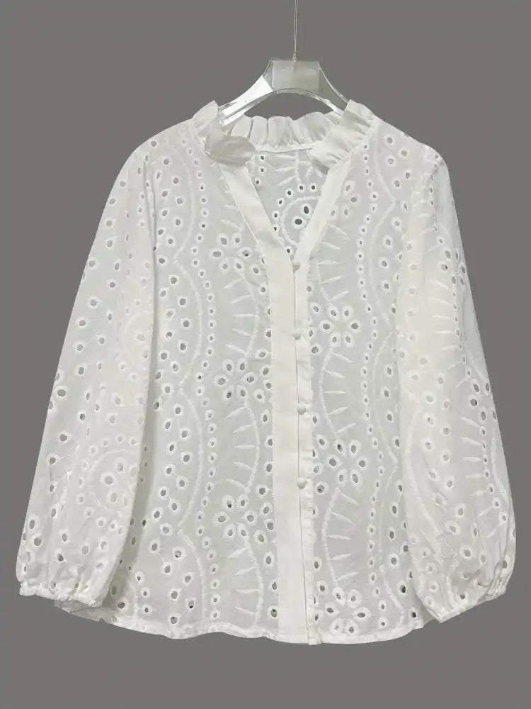 Eyelet Embroidered Button Front Shirt with Puffed Sleeves