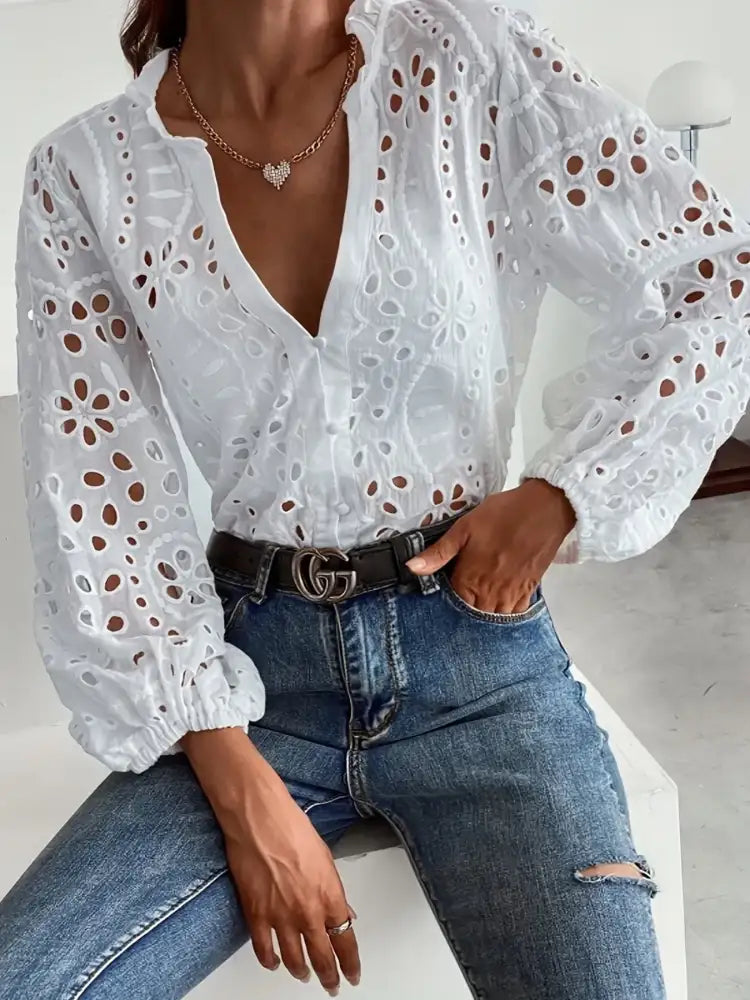 Eyelet Embroidered Button Front Shirt with Puffed Sleeves