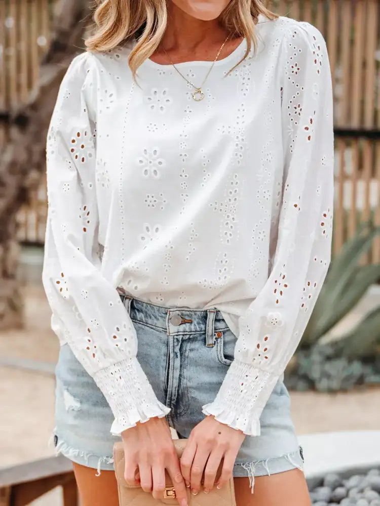 Eyelet Embroidered Smocked Cuff Sheer Blouse