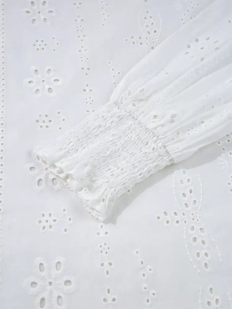 Eyelet Embroidered Smocked Cuff Sheer Blouse