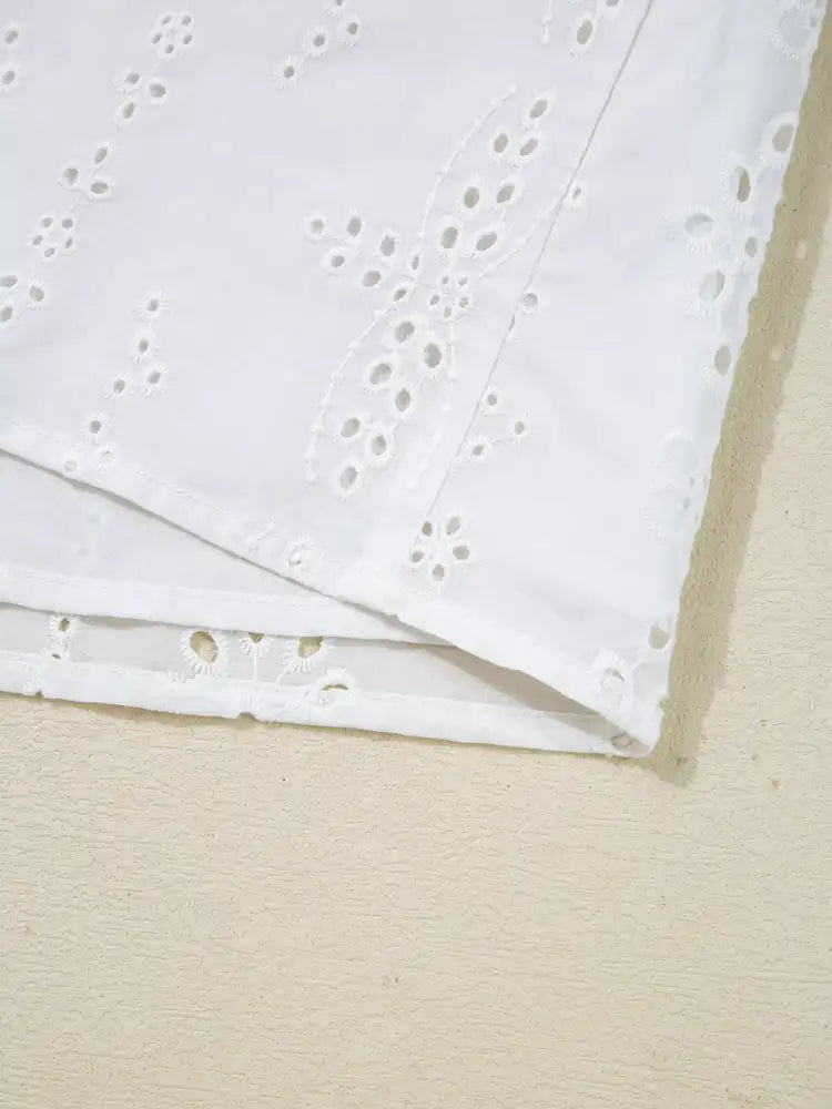 Eyelet Embroidered Smocked Cuff Sheer Blouse