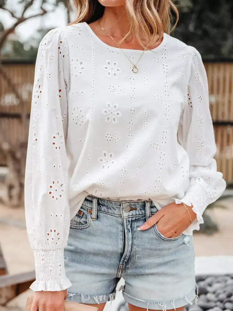Eyelet Embroidered Smocked Cuff Sheer Blouse