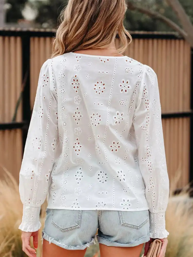Eyelet Embroidered Smocked Cuff Sheer Blouse