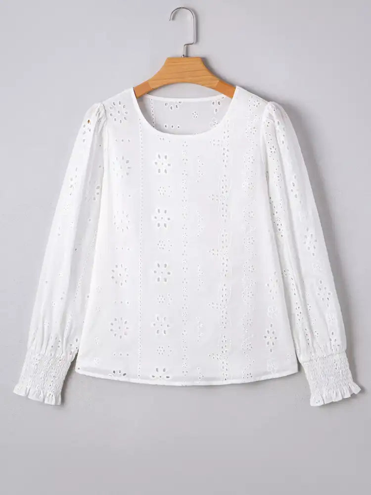 Eyelet Embroidered Smocked Cuff Sheer Blouse