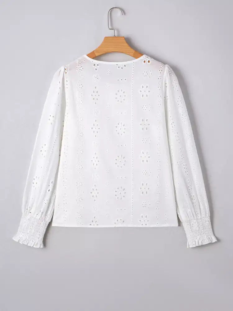 Eyelet Embroidered Smocked Cuff Sheer Blouse
