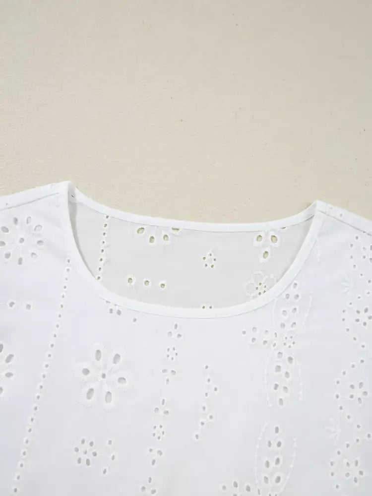 Eyelet Embroidered Smocked Cuff Sheer Blouse