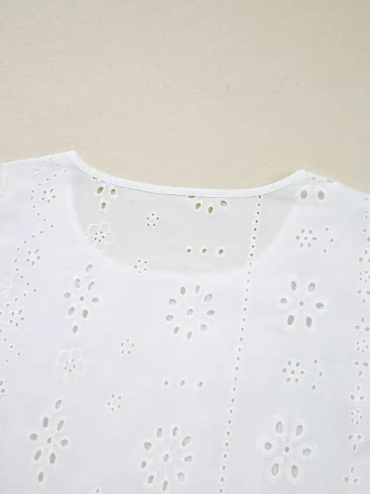 Eyelet Embroidered Smocked Cuff Sheer Blouse