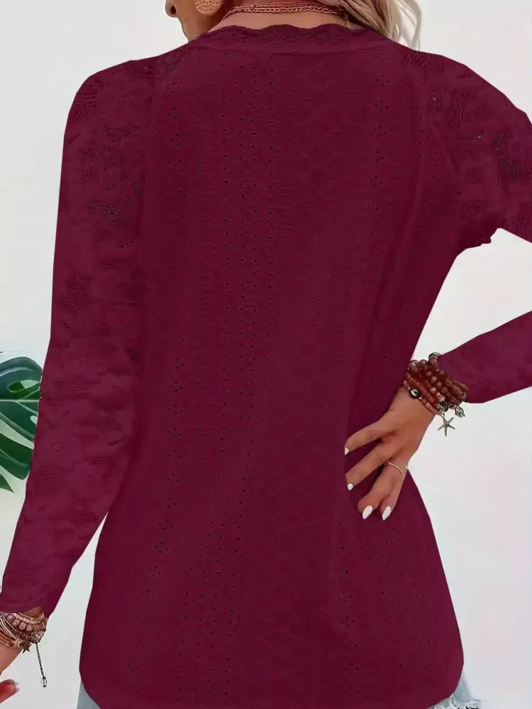 Eyelet Lace Sleeve V-Neck Blouse