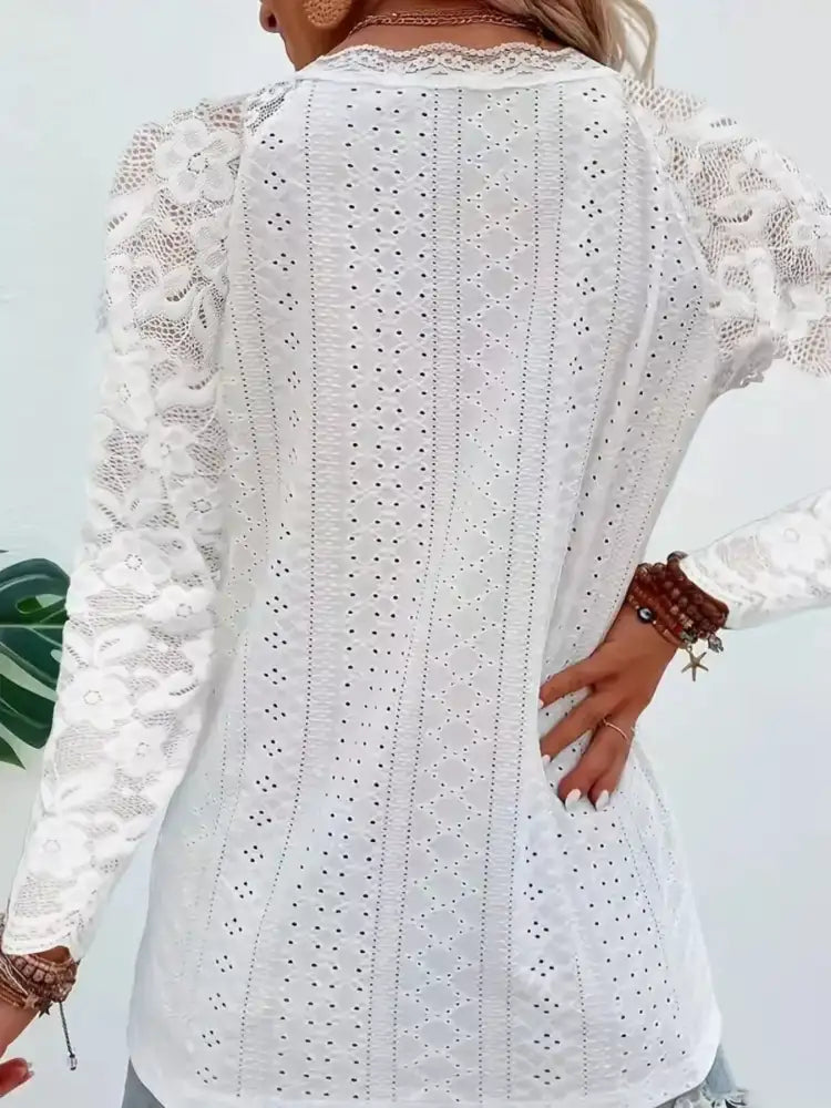 Eyelet Lace Sleeve V-Neck Blouse