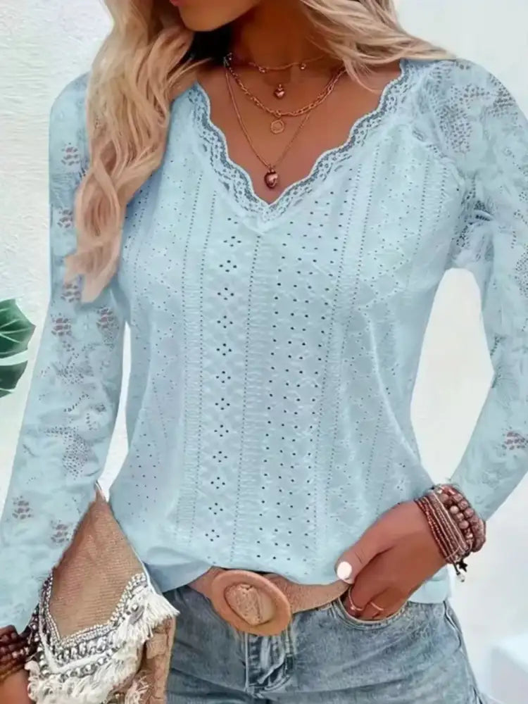 Eyelet Lace Sleeve V-Neck Blouse