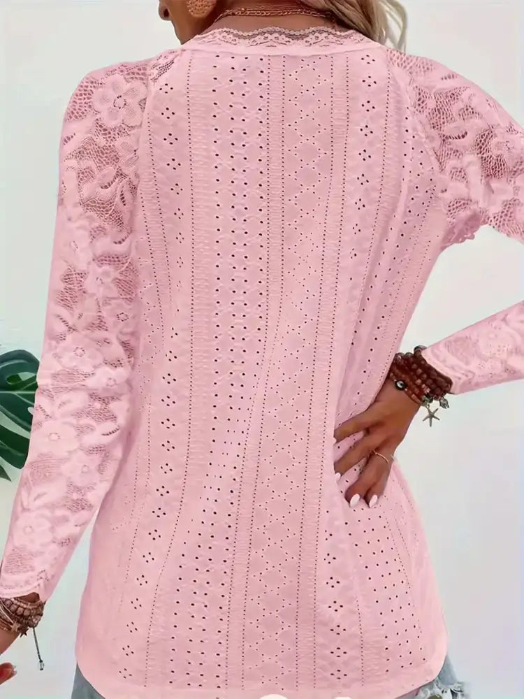Eyelet Lace Sleeve V-Neck Blouse