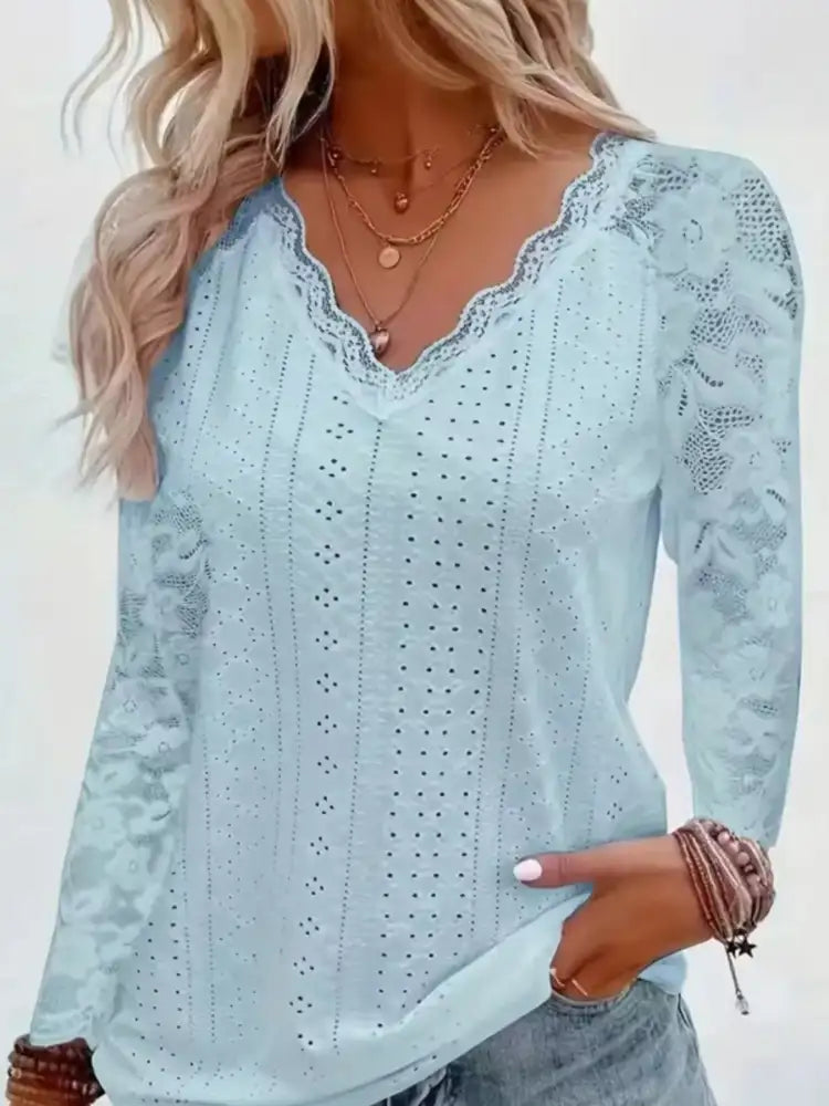 Eyelet Lace Sleeve V-Neck Blouse