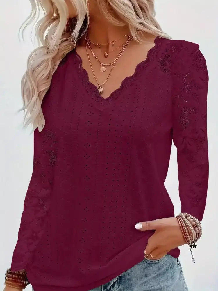 Eyelet Lace Sleeve V-Neck Blouse