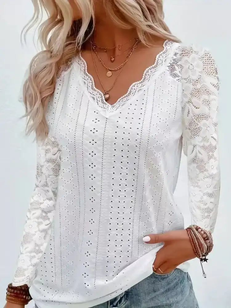 Eyelet Lace Sleeve V-Neck Blouse