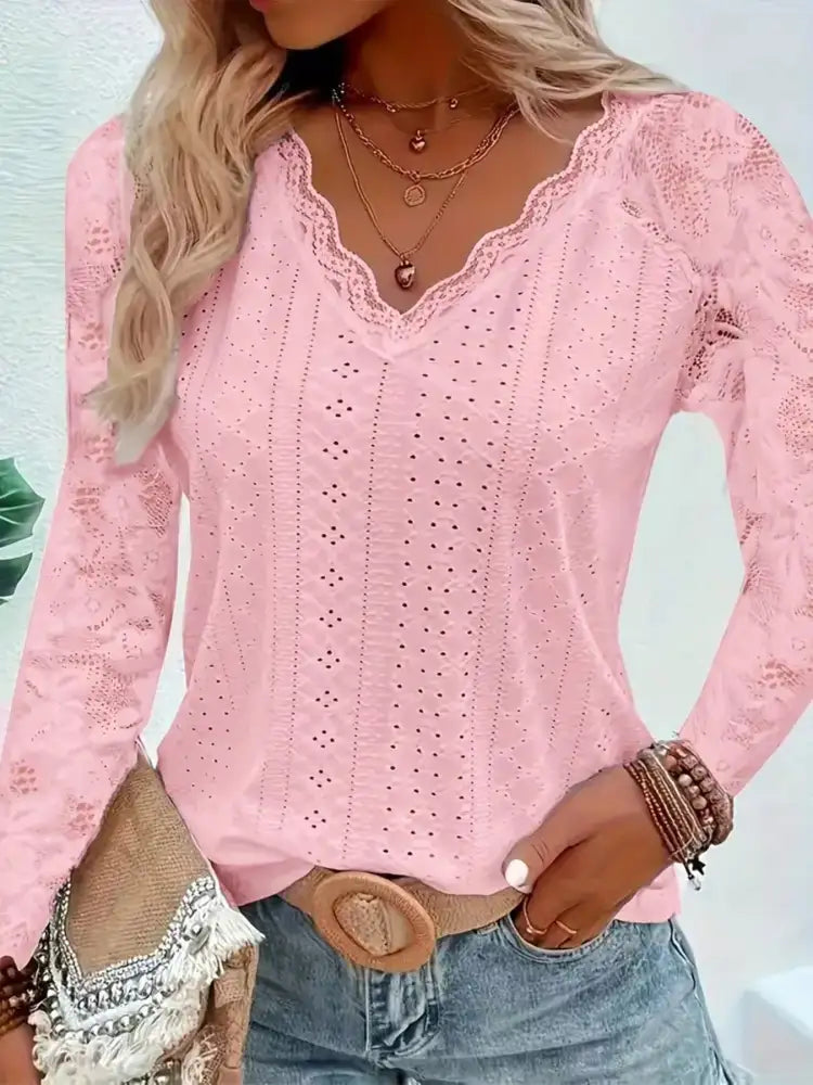 Eyelet Lace Sleeve V-Neck Blouse