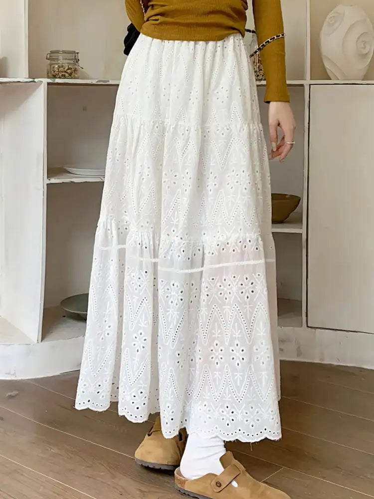 Eyelet Lace Tiered Maxi Skirt