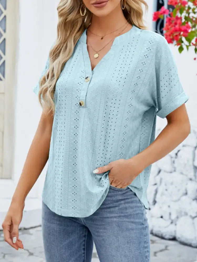 Eyelet Notched Short Sleeve Blouse
