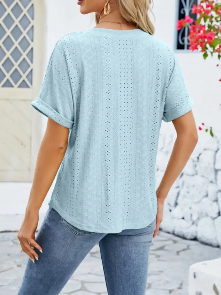 Eyelet Notched Short Sleeve Blouse