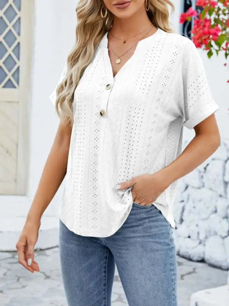 Eyelet Notched Short Sleeve Blouse