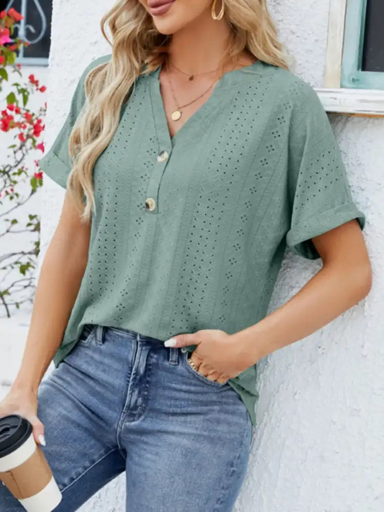 Eyelet Notched Short Sleeve Blouse