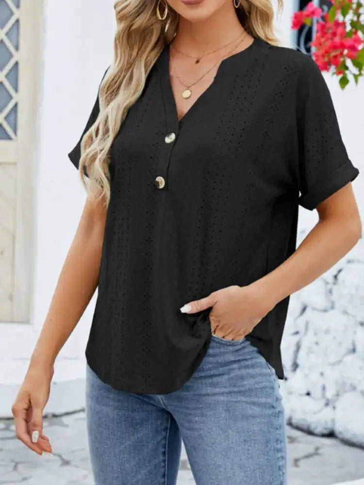 Eyelet Notched Short Sleeve Blouse