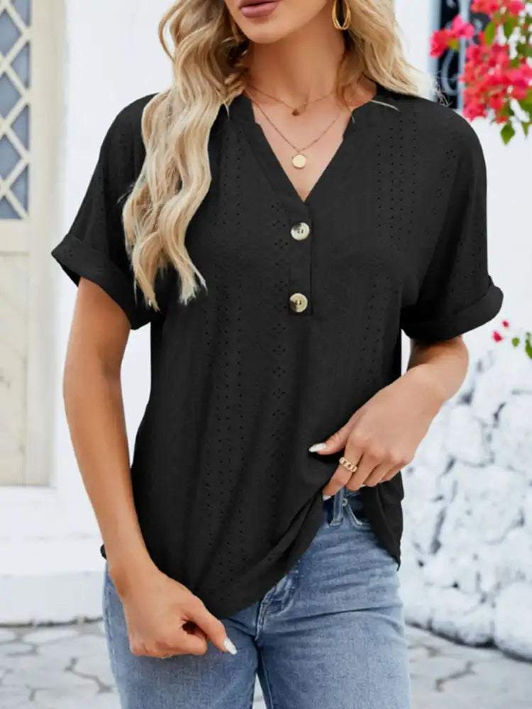 Eyelet Notched Short Sleeve Blouse