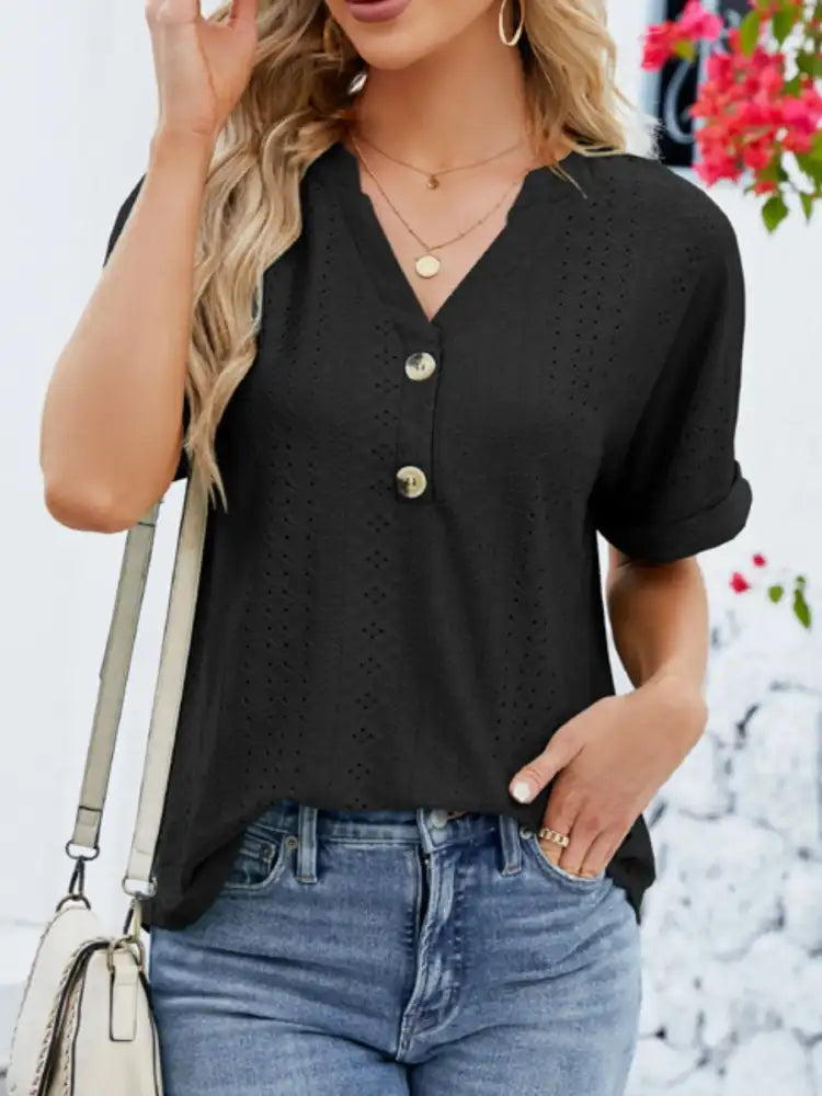 Eyelet Notched Short Sleeve Blouse