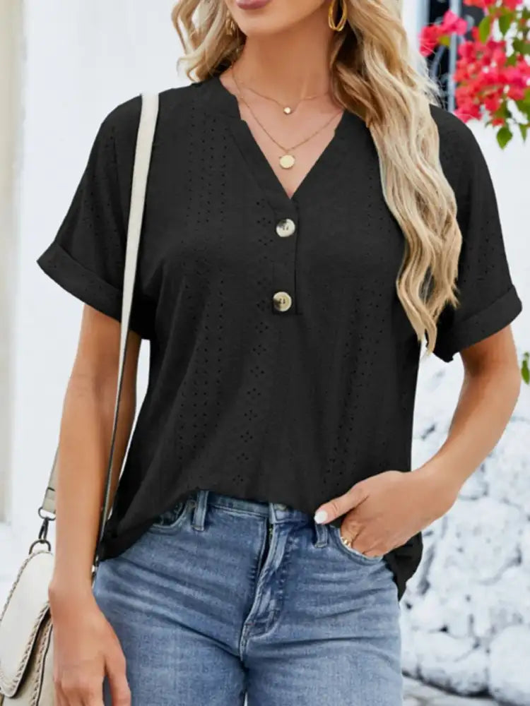 Eyelet Notched Short Sleeve Blouse
