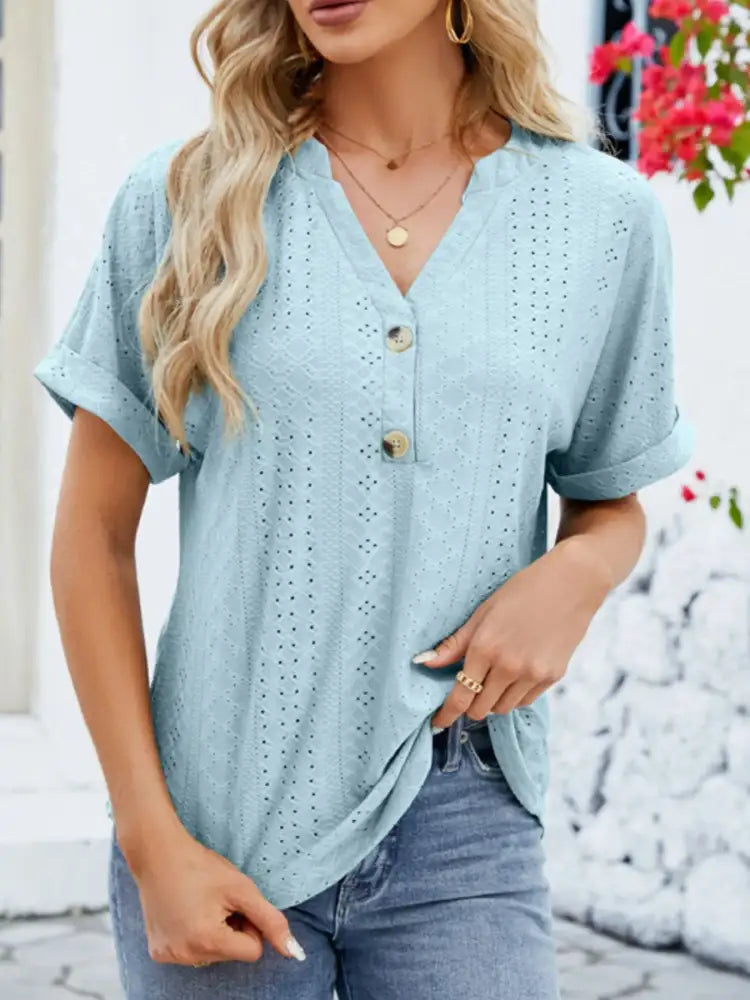 Eyelet Notched Short Sleeve Blouse
